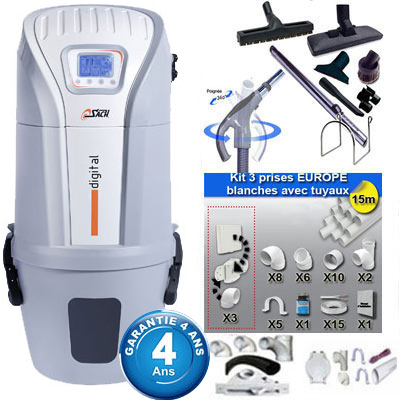 Aspiration centralisée SACH VAC Digital 1.6 kW garantie 4 ans (jusqu'à 250 M²) + Set inter 9 M + 8 accessoires + kit 3 prises + kit prise balai + kit prise garage