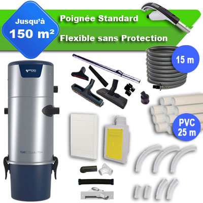 Aspirateur central AERTECNICA TS4 garantie 3 ans + flexible rétractable  15 m standard + 7 accessoires + kit 1 prise RETRAFLEX + kit prise balai (rayon d'action 150 m2), CMTS4