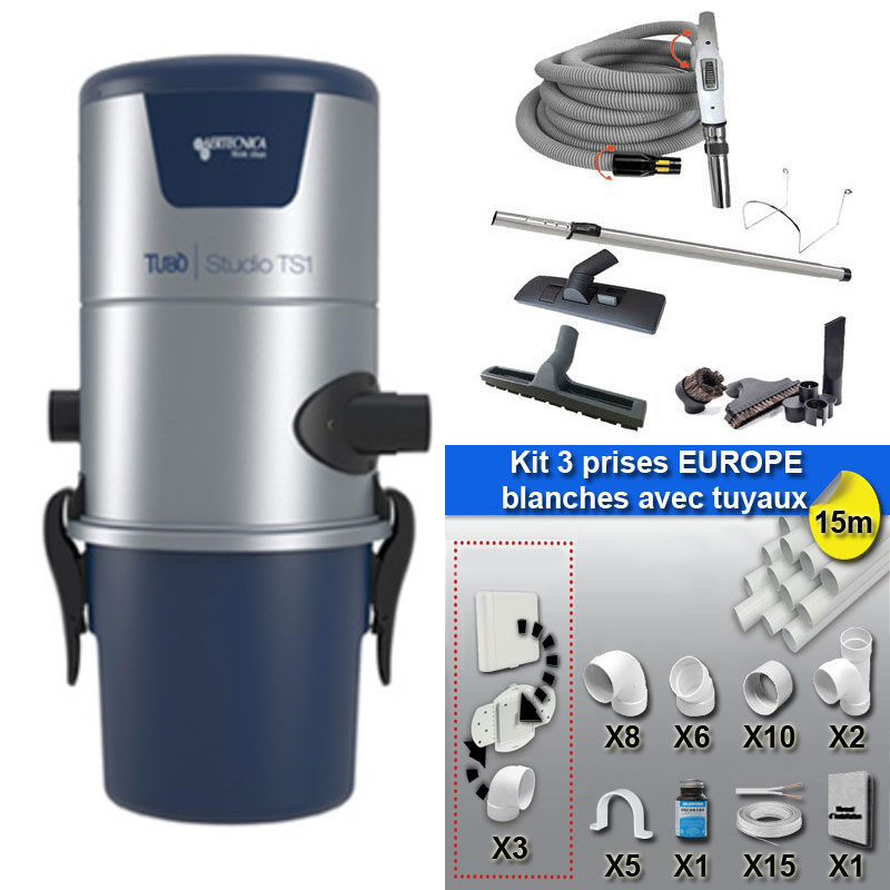 Aspiration centralisée AERTECNICA TS1 (jusqu’à 250 m²), Sans Sac - GARANTIE 3 ANS - Avec 1 trousse flexible à variateur 9m + 8 accessoires + kit 3 prises + kit prise balai + kit prise garage, CMTS1_1