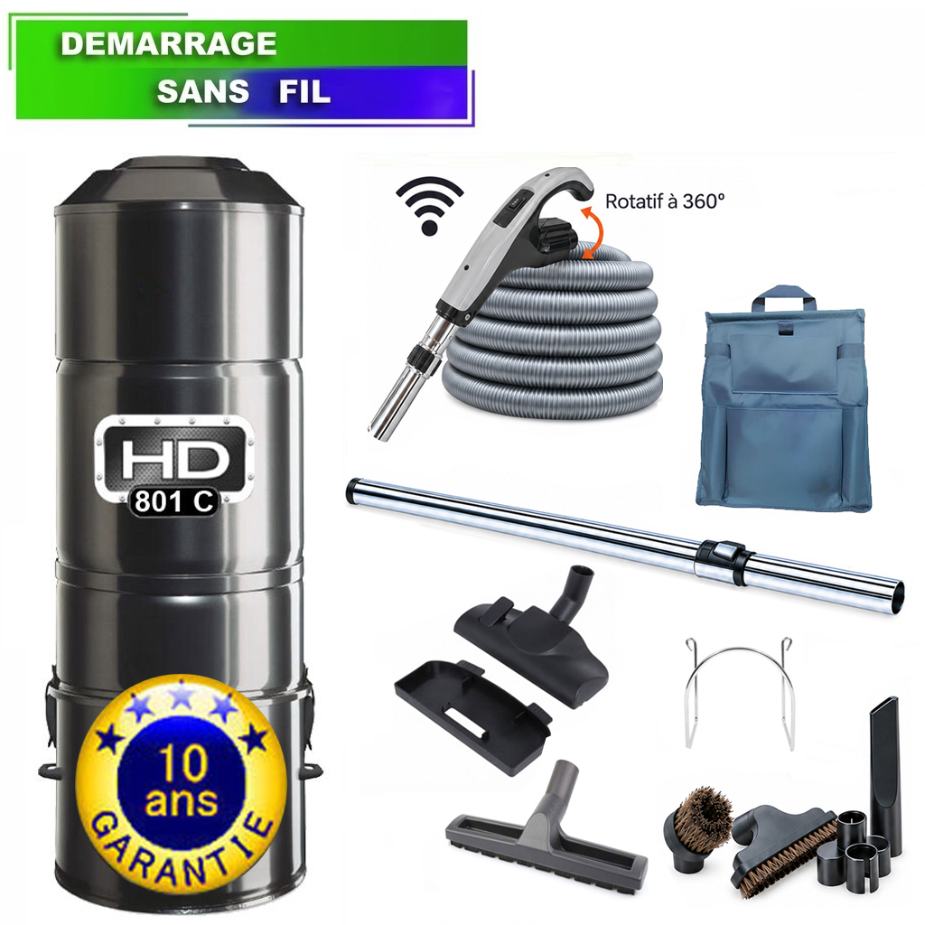 Aspirateur Central type ALDES, HD801C SANS SAC SANS FILTRE - Garantie 10 ans - Surface jusqu’à 600 m² - Set de nettoyage