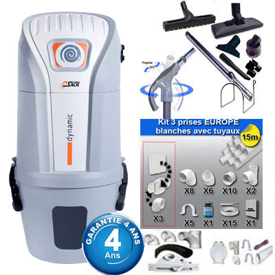 Aspiration centralisée SACH VAC Dynamic 1.6 kW garantie 4 ans (jusqu'à 250 M²) + Set inter 9 M + 8 accessoires + kit 3 prises + kit prise balai + kit prise garage