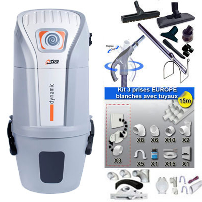 Aspiration centralisée SACH VAC Dynamic 1.6 kW garantie 4 ans (jusqu'à 250 M²) + Set inter 9 M + 8 accessoires + kit 3 prises + kit prise balai + kit prise garage_1
