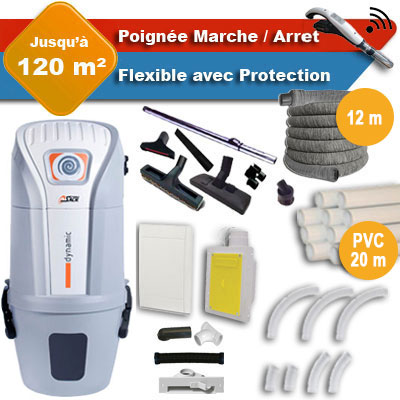 Aspirateur central SACH VAC Dynamic 1.8 kW garantie 4 ans + flexible rétractable 12 m avec housse de protection + poignée marche/arrêt + 7 accessoires + kit 1 prise RETRAFLEX + kit prise balai (rayon d'action 120 m2)