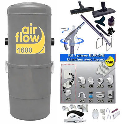 Aspirateur central AIRFLOW 1600 garantie 5 ans (jusqu’à 300 m²) + trousse inter 9 ML + 8 accessoires + kit 3 prises + kit prise balai + kit prise garage_1