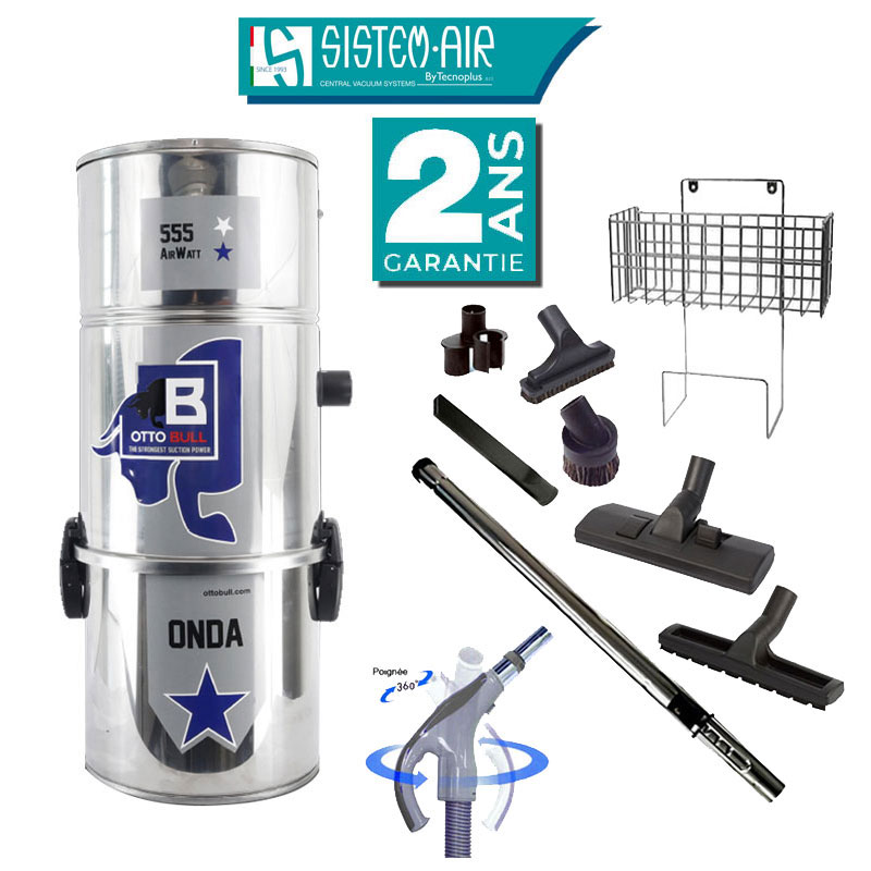 Aspiration centralisée sans sac OTTO BULL ONDA 150 INOX (jusqu’à 150 m²), Garantie 2 ans + Set inter 9 M + 8 accessoires + 1 Kit de nettoyage micro offert