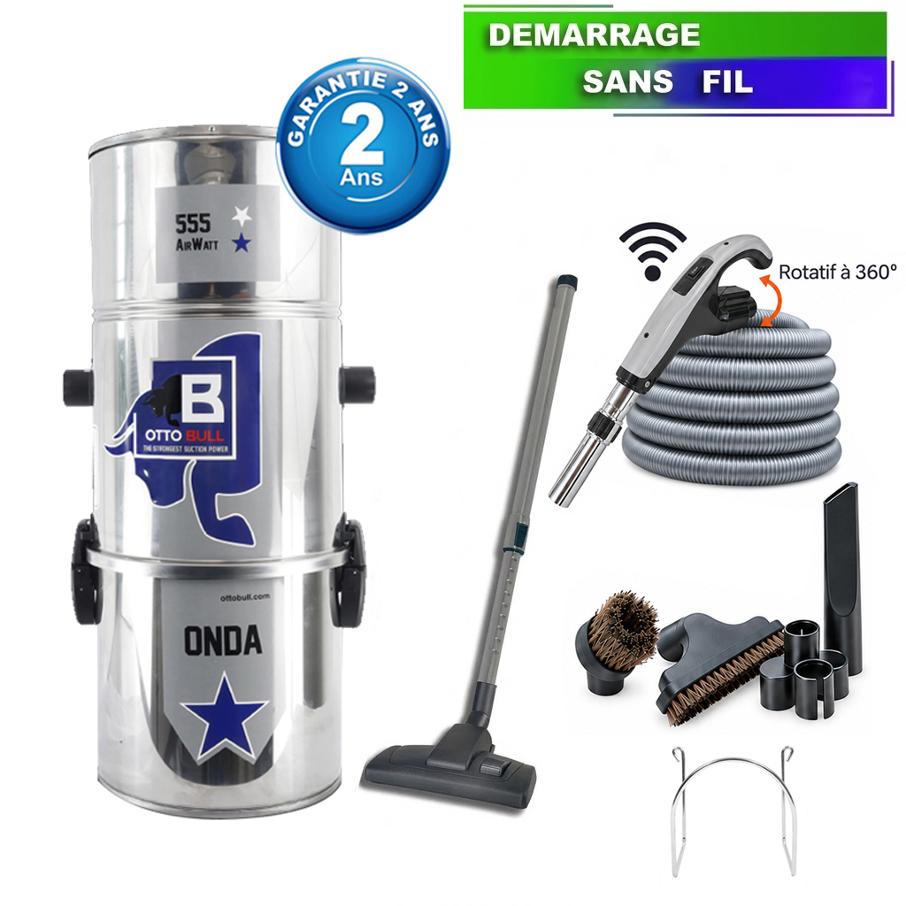 Aspirateur central type ALDES, OTTO BULL ONDA 150 INOX (jusqu’à 150 m²) + set accessoires - Garantie 2 ans, SISTEM AIR VAC55O