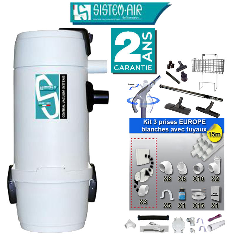 Aspiration centralisée SISTEM AIR Sunny Smart 7 (jusqu’à 250 m²), Garantie 2 ans + Set inter 9 M + 8 accessoires + kit 3 prises + kit prise balai + kit prise garage