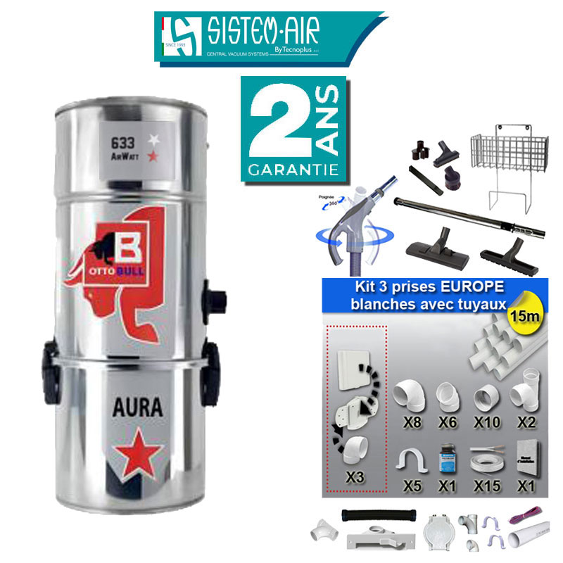 Aspiration centralisée avec sac OTTO BULL AURA 300 INOX (jusqu’à 300 m²), Garantie 2 ans + Set inter 9 M + 8 accessoires + kit 3 prises + kit prise balai + kit prise garage