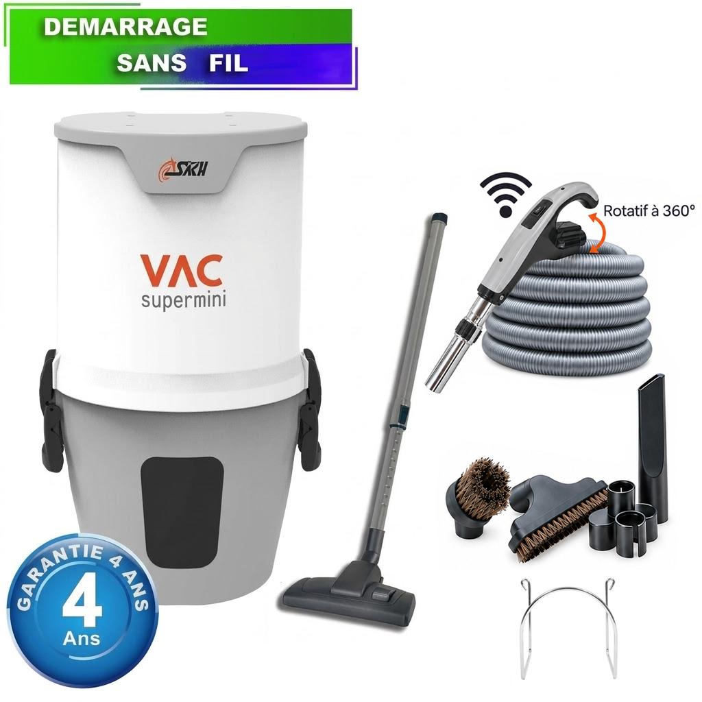 Centrale d'aspiration type ALDES, SACH VAC SUPER MINI - Garantie 4 ans - Surface jusqu’à 300 m² - Set de nettoyage, UD6010-SC/E