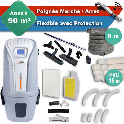 Aspirateur central SACH VAC Digital 1.6 kW garantie 4 ans + flexible rétractable 8 m avec housse de protection + poignée marche/arrêt + 7 accessoires + kit 1 prise RETRAFLEX + kit prise balai (rayon d'action 90 m2)