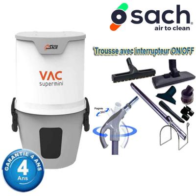 Centrale d'aspiration SACH VAC SUPER MINI garantie 4 ans (jusqu’à 300 m²) + Set inter 9 M + 8 accessoires + 1 Kit de nettoyage micro offert