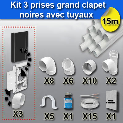 Ensemble 3 prises grand clapet avec tuyaux - noir