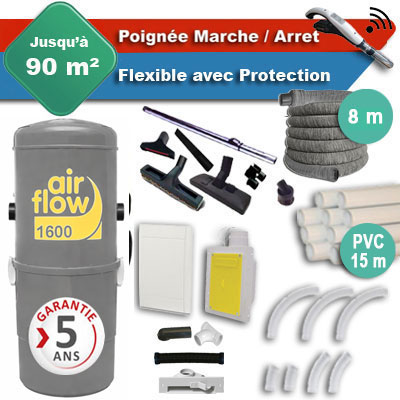 Aspirateur central AIRFLOW 1600 garantie 5 ans + flexible rétractable 8 m avec housse de protection + poignée marche/arrêt + 7 accessoires + kit 1 prise RETRAFLEX + kit prise balai (rayon d'action 90 m2)