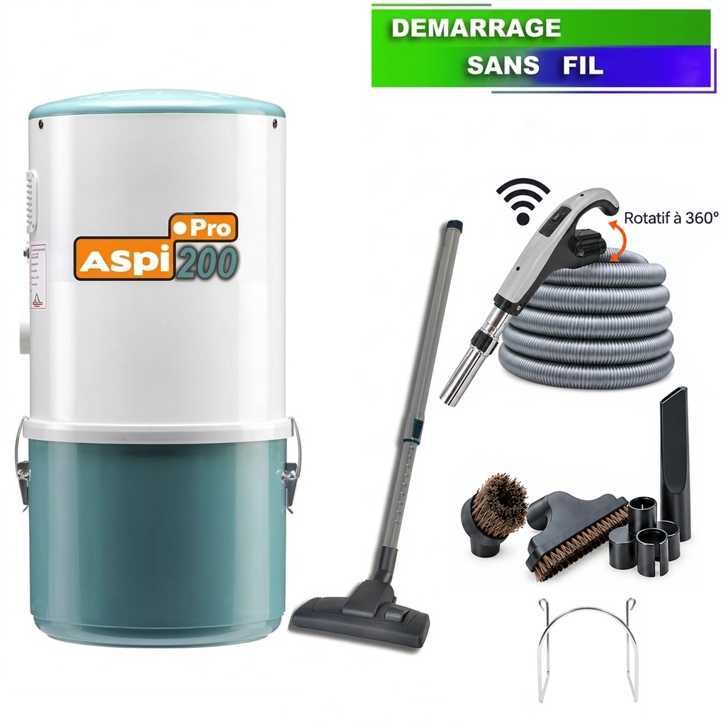 Aspirateur central type ALDES, ASPI PRO 200 (jusqu’à 180 m²) + set accessoires - Garantie 5 ans