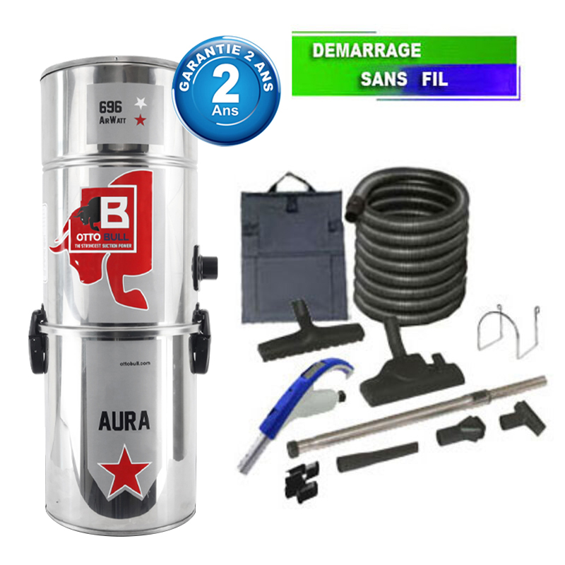 Aspirateur central type ALDES, OTTO BULL AURA 400 INOX (jusqu’à 400 m²) + set accessoires - Garantie 2 ans, SISTEM AIR VAC69AUB