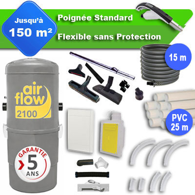 Aspirateur central AIRFLOW 2100 garantie 5 ans + flexible rétractable 15 m standard + 7 accessoires + kit 1 prise RETRAFLEX + kit prise balai (rayon d'action 150 m2)