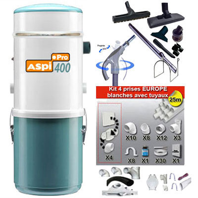 Aspiration centralisée ASPI PRO 400 (jusqu'à 350 M²), Garantie 5 ans + Set inter 9 M + 8 accessoires + kit 4 prises + kit prise balai + kit prise garage