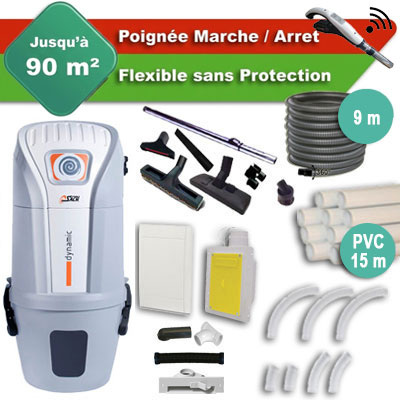 Aspirateur central SACH VAC Dynamic 1.6 kW garantie 4 ans + flexible rétractable 9 m + poignée marche/arrêt + 7 accessoires + kit 1 prise RETRAFLEX + kit prise balai (rayon d'action 90 m2)