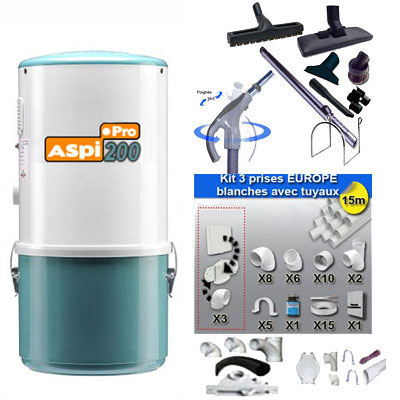 Aspiration centralisée ASPI PRO 200 (jusqu'à 180 M²), Garantie 5 ans + Set inter 9 M + 8 accessoires + kit 3 prises + kit prise balai + kit prise garage