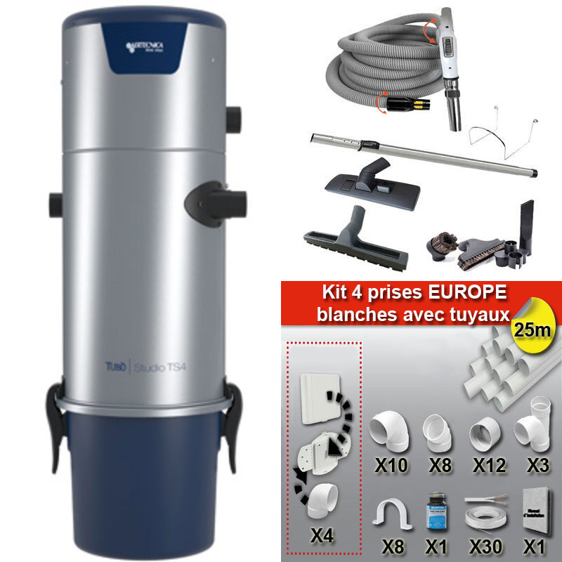 Aspiration centralisée AERTECNICA TS4 (jusqu’à 700 m²), Sans Sac - GARANTIE 3 ANS  - Avec 1 trousse flexible à variateur 9m + 8 accessoires + kit 4 prises + kit prise balai + kit prise garage, CMTS4_1
