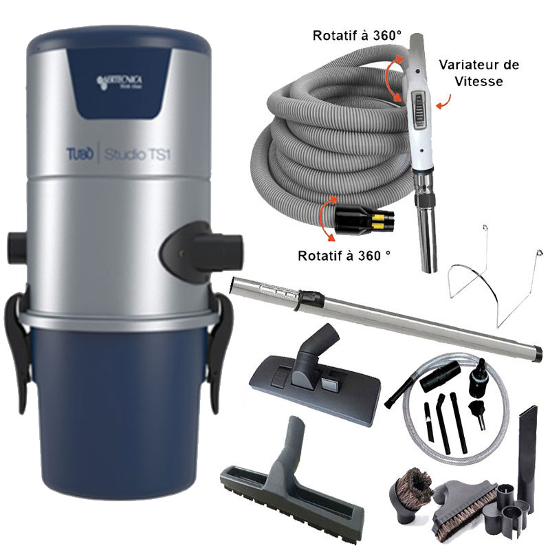 Aspiration centralisée AERTECNICA TS1 (jusqu’à 250 m²), Sans Sac - GARANTIE 3 ANS  - Avec 1 trousse flexible à variateur 9 M + 8 accessoires + Kit de nettoyage micro, CMTS1_1