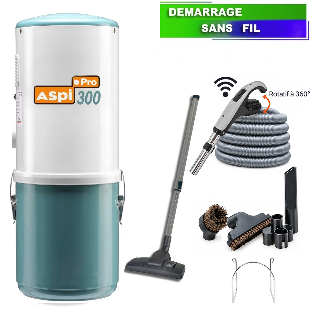 Aspirateur central type ALDES, ASPI PRO 300 (jusqu’à 300 m²) + set accessoires - Garantie 5 ans