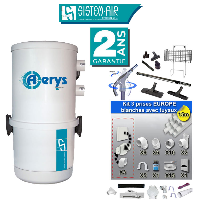 Aspiration centralisée avec sac SISTEM AIR Aerys 250 (jusqu’à 250 m²), Garantie 2 ans + Set inter 9 M + 8 accessoires + kit 3 prises + kit prise balai + kit prise garage