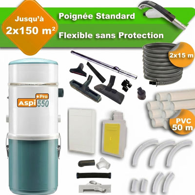 Aspiration centralisée Aspi-pro 550 garantie 5 ans + 2 Sets 15 m RETRAFLEX + 14 accessoires + kit 2 prises RETRAFLEX + kit prise balai + kit prise garage (rayon d'action 2 X 150 m2)