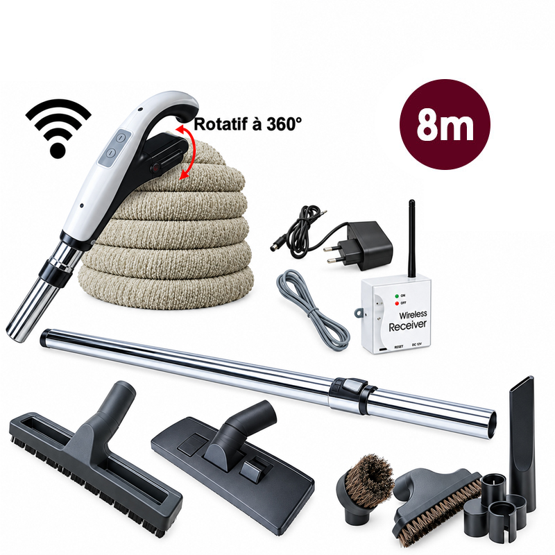 Set 7 accessoires + 1 flexible RETRAFLEX - longueur 8m + housse de protection + poignée à bouton marche/arrêt télécommande intégrée 915 Mhz RETRAFLEX et HIDE-A-HOSE (Émetteur-récepteur)