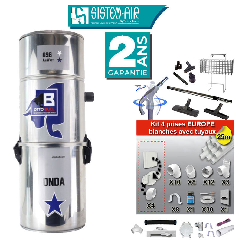 Aspiration centralisée sans sac OTTO BULL ONDA 400 INOX (jusqu’à 400 m²), Garantie 2 ans + Set inter 9 M + 8 accessoires + kit 4 prises + kit prise balai + kit prise garage