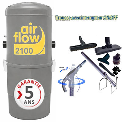 Aspirateur central AIRFLOW 2100 garantie 5 ans (jusqu’à 400 m²) + trousse inter 9 ML + 8 accessoires + 1 Kit de nettoyage micro offert