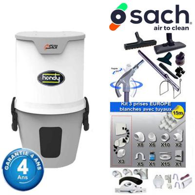 Centrale d'aspiration SACH VAC HANDY garantie 4 ans (jusqu’à 200 m²) + Set inter 9 M + 8 accessoires + kit 3 prises + kit prise balai + kit prise garage