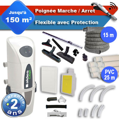 Aspirateur central ALDES C.Axpir® Dynamic garantie 2 ans + flexible rétractable 15 m avec housse de protection + poignée marche/arrêt + 7 accessoires + kit 1 prise RETRAFLEX + kit prise balai (rayon d'action 150 m2), Aldes 11071151