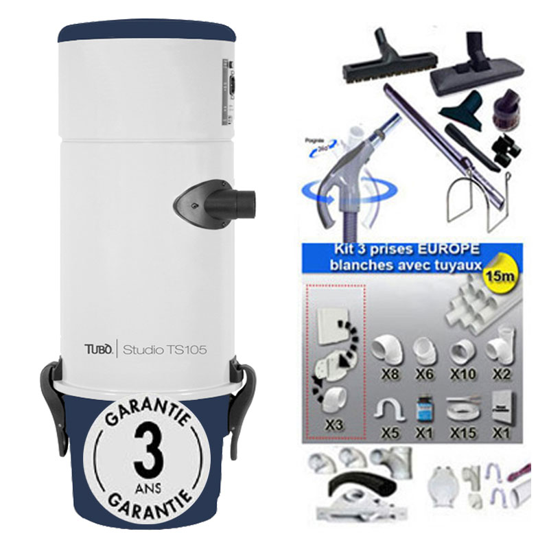 Aspiration Centralisée AERTECNICA TS105 garantie 3 ans (jusqu'à 250 M²) + Set inter 9 M + 8 accessoires + kit 3 prises + kit prise balai + kit prise garage, CMTS105