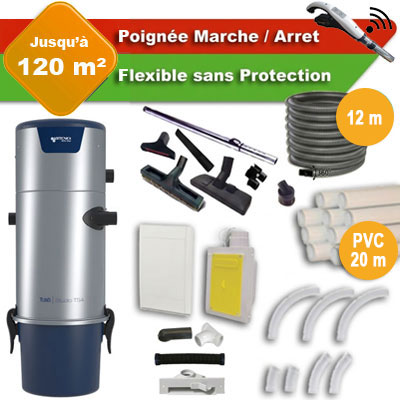 Aspirateur central AERTECNICA TS4 garantie 3 ans + flexible rétractable  12 m + poignée marche/arrêt + 7 accessoires + kit 1 prise RETRAFLEX + kit prise balai (rayon d'action 120 m2), CMTS4