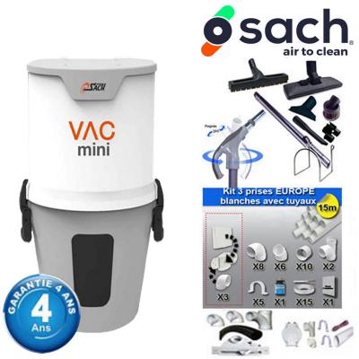 Centrale d'aspiration SACH VAC MINI garantie 4 ans (jusqu’à 400 m²) + Set inter 9 M + 8 accessoires + kit 3 prises + kit prise balai + kit prise garage