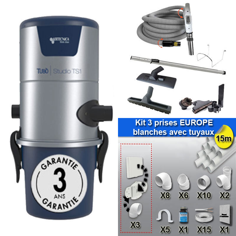Aspiration centralisée AERTECNICA TS1 (jusqu’à 250 m²), Sans Sac - GARANTIE 3 ANS - Avec 1 trousse flexible à variateur 9m + 8 accessoires + kit 3 prises + kit prise balai + kit prise garage, CMTS1