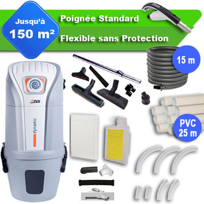 Aspirateur central SACH VAC Dynamic 2.4 kW garantie 4 ans + flexible rétractable 15 m standard + 7 accessoires + kit 1 prise RETRAFLEX + kit prise balai (rayon d'action 150 m2)