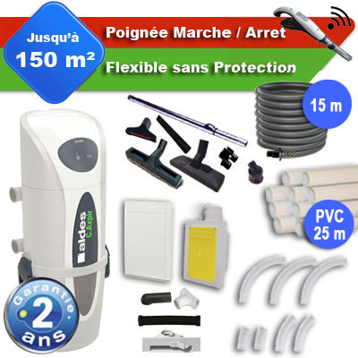 Aspirateur central ALDES C.Axpir® Dynamic garantie 2 ans + flexible rétractable 15 m + poignée marche/arrêt + 7 accessoires + kit 1 prise RETRAFLEX + kit prise balai (rayon d'action 150 m2), Aldes 11071151