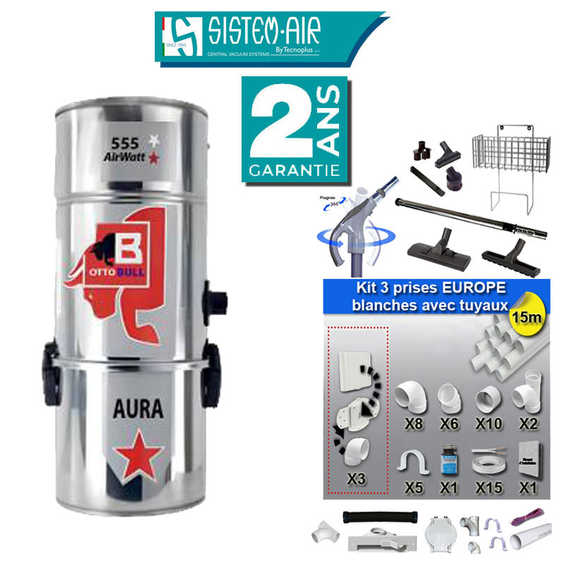 Aspiration centralisée avec sac OTTO BULL AURA 150 INOX (jusqu’à 150 m²), Garantie 2 ans + Set inter 9 M + 8 accessoires + kit 3 prises + kit prise balai + kit prise garage
