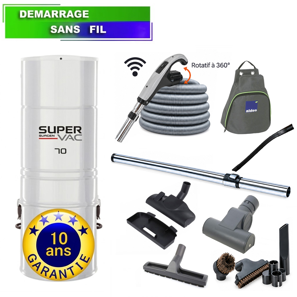 Aspirateur centralisé type Aldes HAYDEN SuperVac 70 Garantie 10 ans (jusqu’à 350 m²) + set de nettoyage