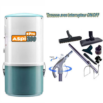 Aspiration centralisée ASPI PRO 200 garantie 5 ans (jusqu'à 180 M²) + Set inter 9 M + 8 accessoires + 1 Kit de nettoyage micro offert