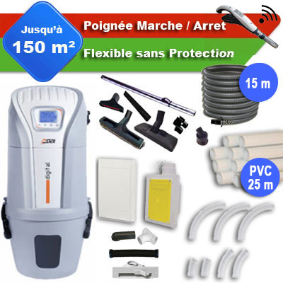 Aspirateur central SACH VAC Digital 2.4 kW garantie 4 ans + flexible rétractable 15 m + poignée marche/arrêt + 7 accessoires + kit 1 prise RETRAFLEX + kit prise balai (rayon d'action 150 m2)