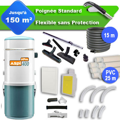 Aspiration centralisée aspi.pro 400 garantie 5 ans + Set 15 m RETRAFLEX + 7 accessoires + kit 1 prise RETRAFLEX nouvelle génération, 20% plus petit que le premier modèle! + kit prise balai (rayon d'action 150 m2)