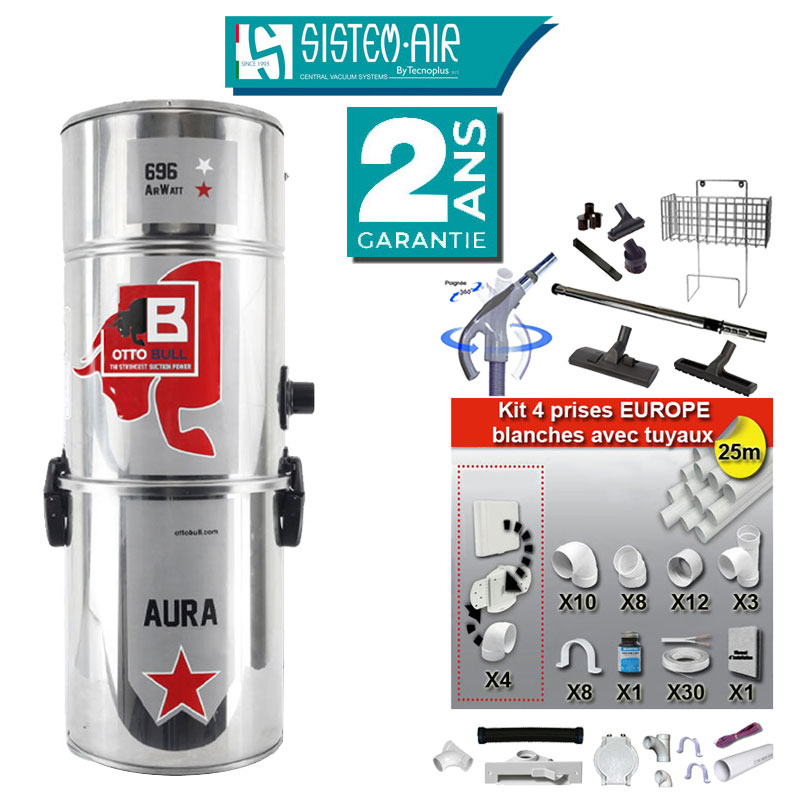 Aspiration centralisée avec sac OTTO BULL AURA 400 INOX (jusqu’à 400 m²), Garantie 2 ans + Set inter 9 M + 8 accessoires + kit 4 prises + kit prise balai + kit prise garage