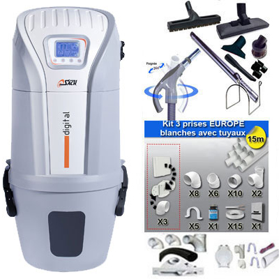 Aspiration centralisée SACH VAC Digital 1.8 kW garantie 4 ans (jusqu'à 300 M²) + Set inter 9 M + 8 accessoires + kit 3 prises + kit prise balai + kit prise garage_1
