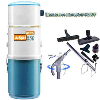 Aspiration centralisée ASPI PRO 550 garantie 5 ans (jusquà 500 M²) + Set inter 9 M + 8 accessoires + kit de nettoyage micro