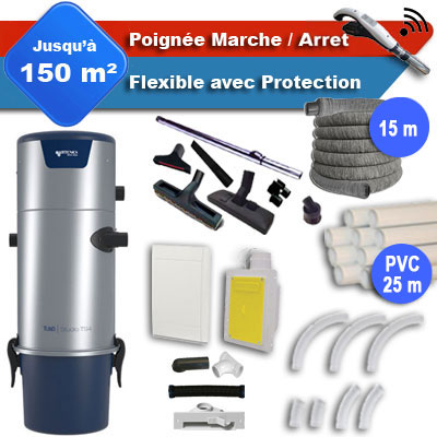 Aspirateur central AERTECNICA TS4 garantie 3 ans + flexible rétractable 15 m avec housse de protection + poignée marche/arrêt + 7 accessoires + kit 1 prise RETRAFLEX + kit prise balai (rayon d'action 150 m2), CMTS4