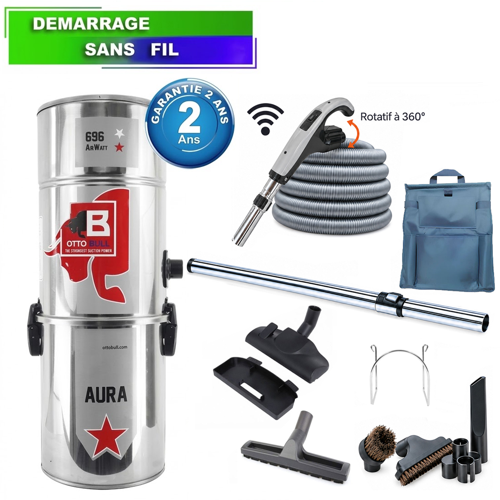 Aspirateur central type ALDES, OTTO BULL AURA 400 INOX (jusqu’à 400 m²) + set accessoires - Garantie 2 ans, SISTEM AIR VAC69AUB