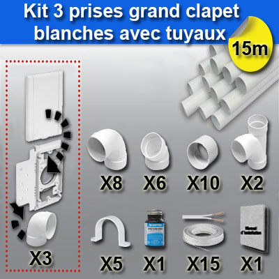 Ensemble 3 prises grand clapet avec tuyaux - blanc